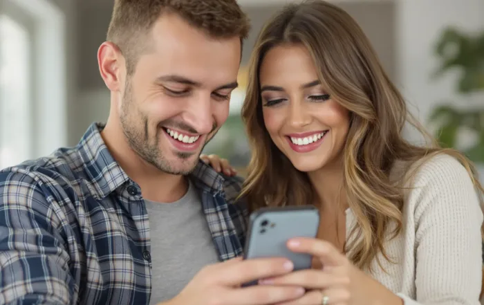 happy couple looking at an instagram reel video of a real estate listing on their phone.