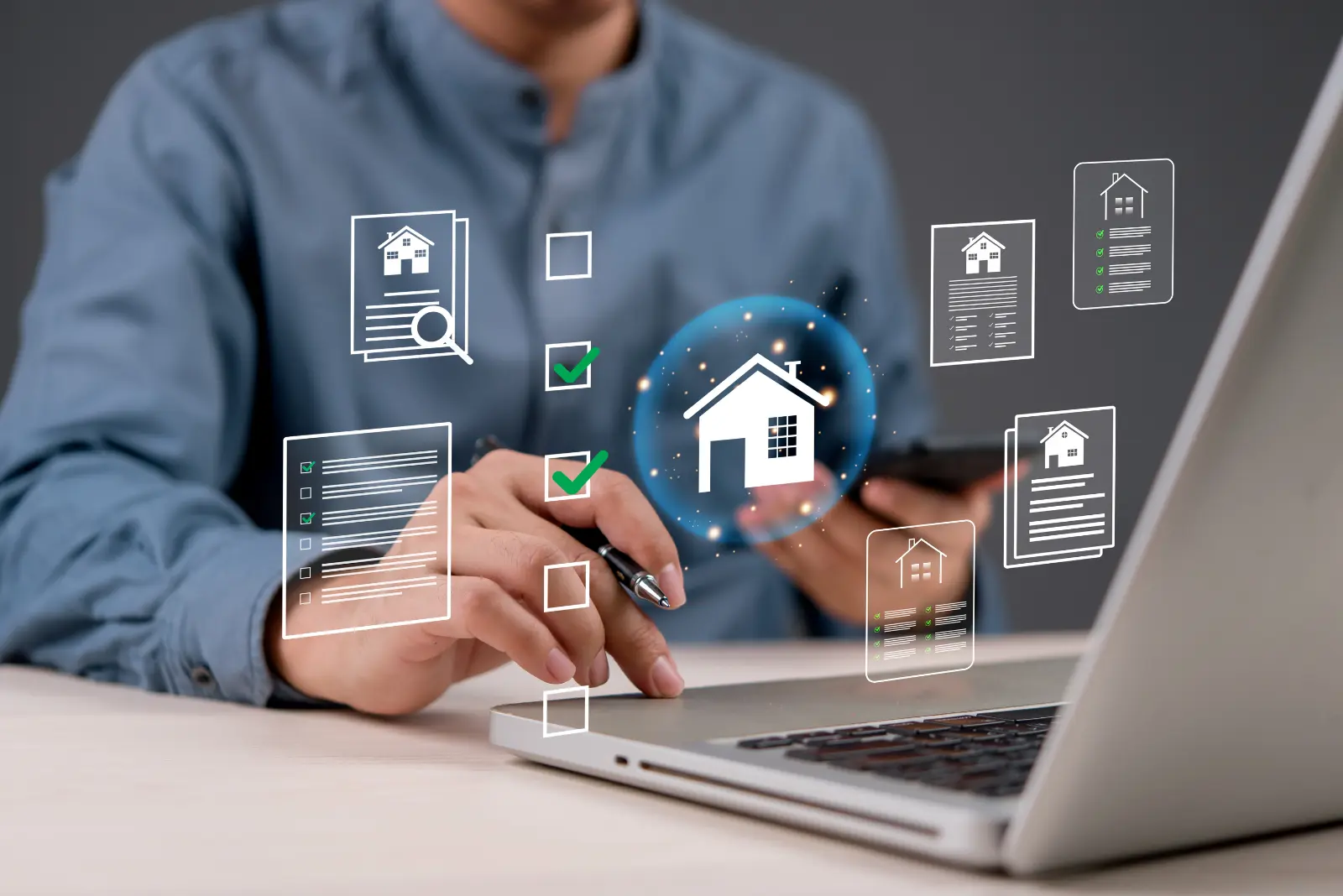 A real estate agent reviewing a digital dashboard on a laptop